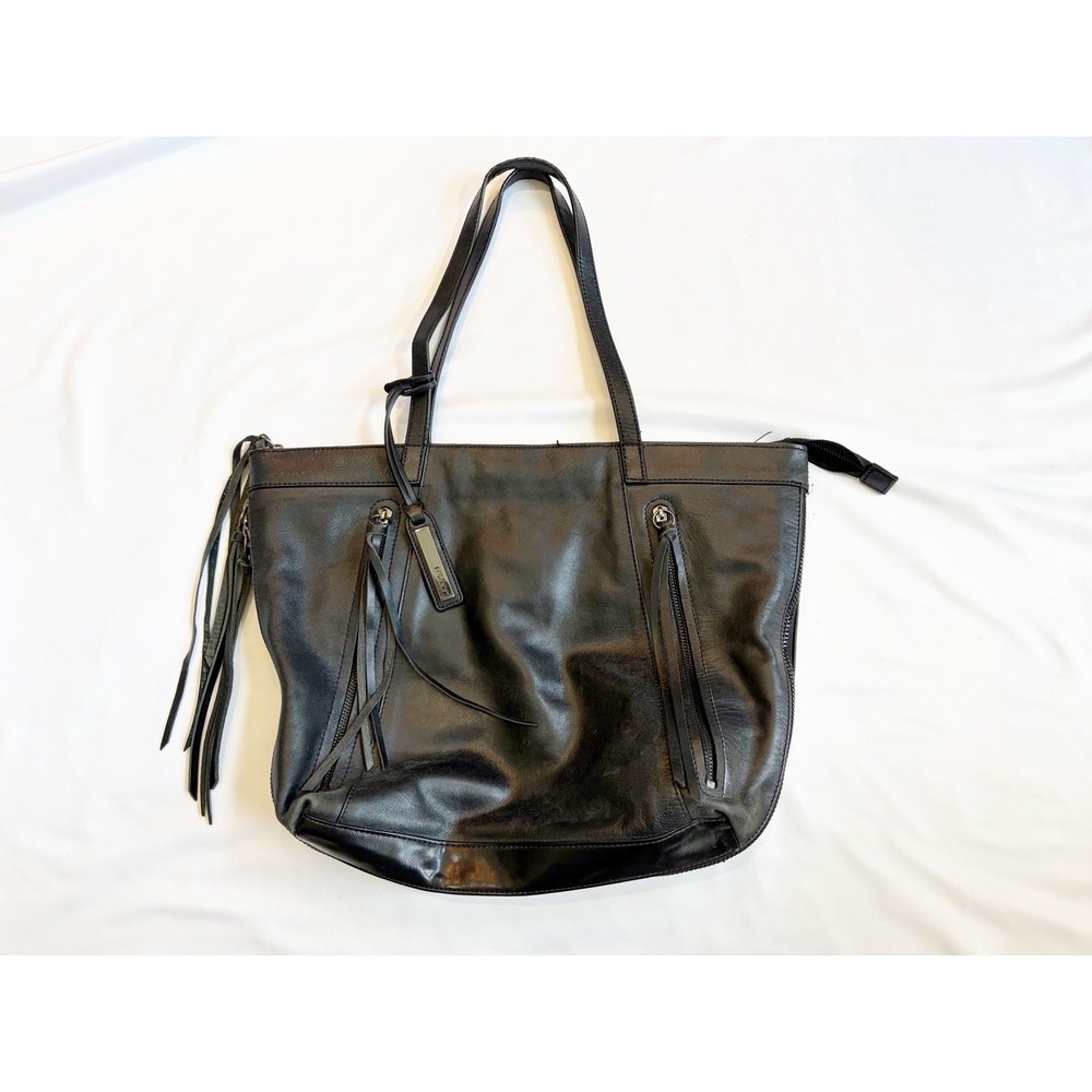 Joe's Women's Black Leather Expandable Fringe Tote Shoulder Bag Handbag Purse